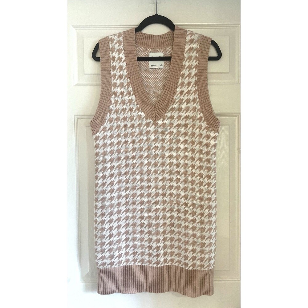 Abercrombie & Fitch Houndstooth Sweater Vest Mini Dress S Tan Knit Academia NWOT